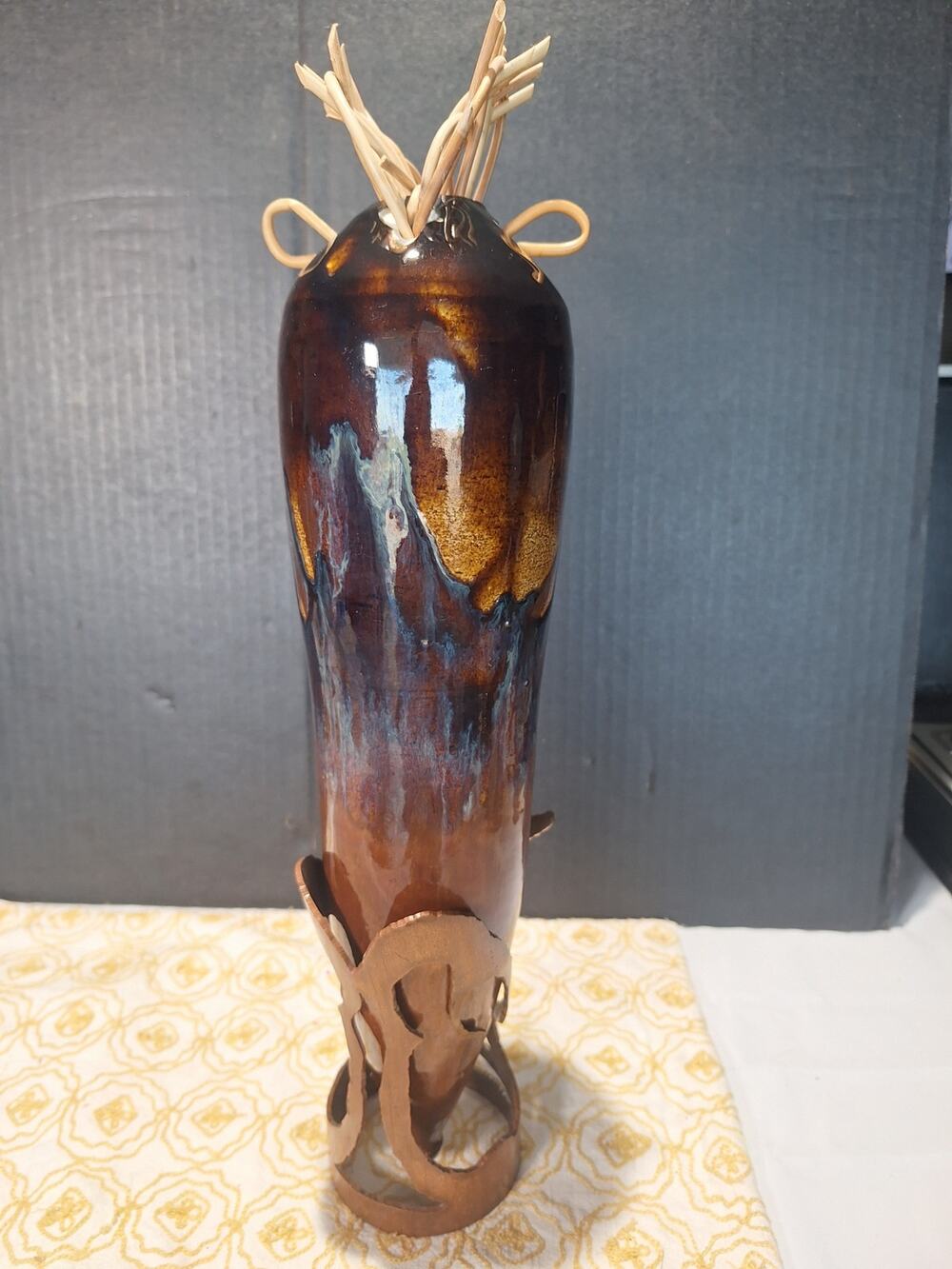 Unsigned Mixed Media Studio Art Pottery Vessel Metal Reed Sculpture 16"